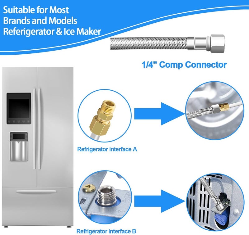 HAO CHEN Fridge Water Line Kit - 25FT Premium Stainless Steel Braided Refrigerator Water Line with Tee Stop Valve,Foodgrade PEX Inner Tube Ice Maker Water Line with 1/4" Fittings for Refrigerator Ice Maker - Image 4